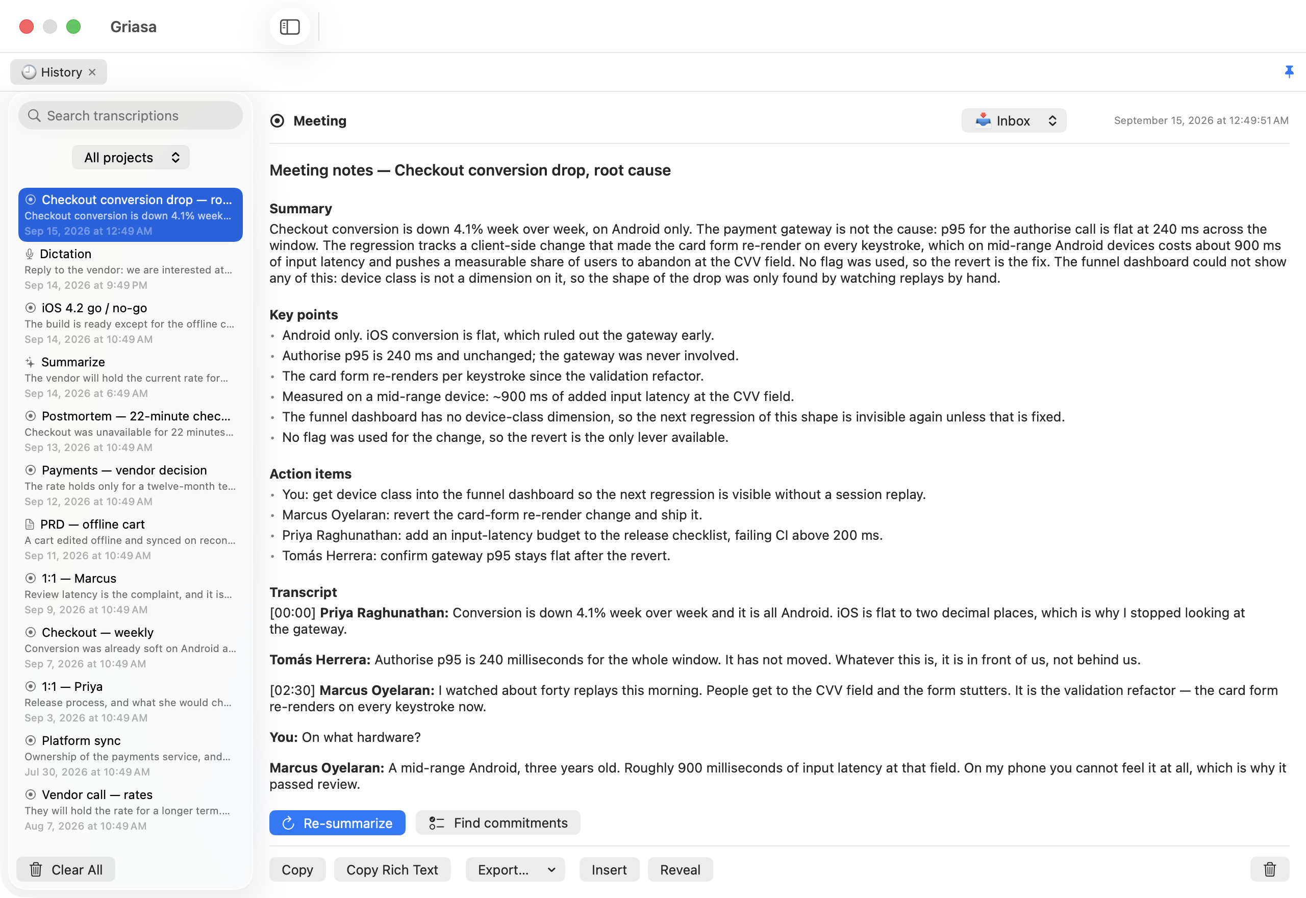 The Griasa hub with one recorded meeting open: summary, key points, per-person action items and a timestamped transcript, with every recording and dictation listed on the left.