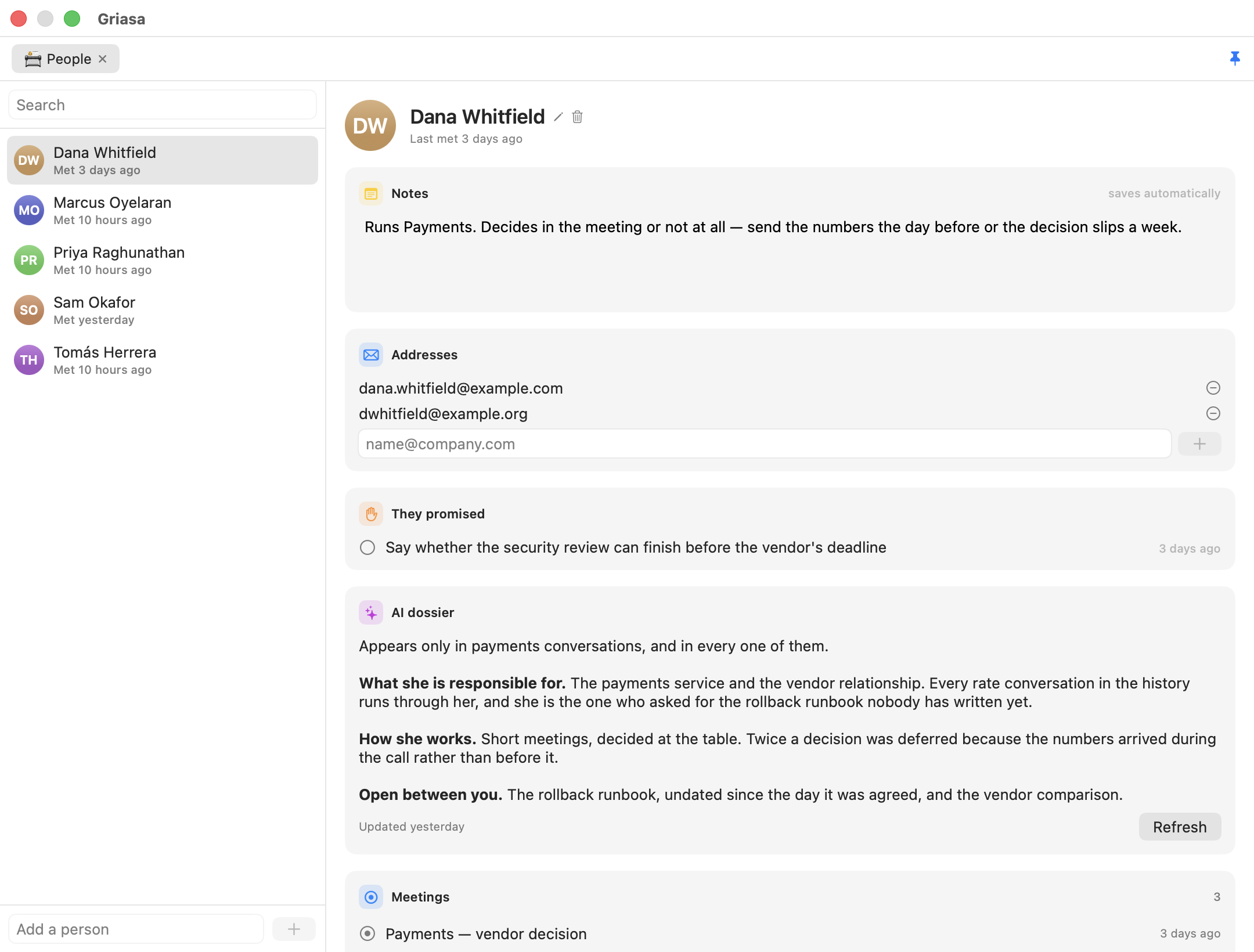 A page for one colleague: notes that save themselves, the addresses she is known by, what she has promised, an on-demand AI dossier, and every meeting held with her.